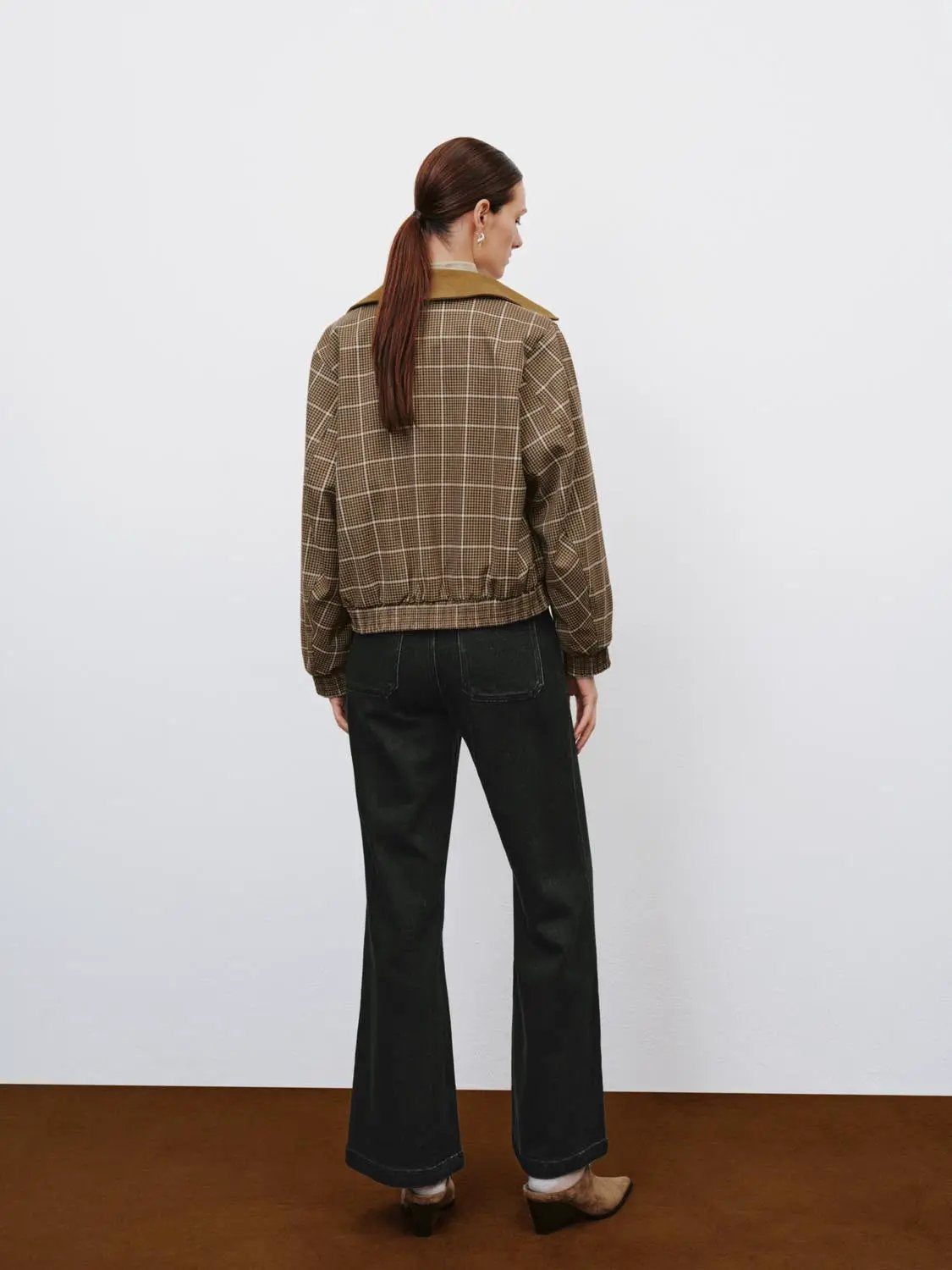 Checked Long Sleeve Contrast Collar Zip Placket Jacket