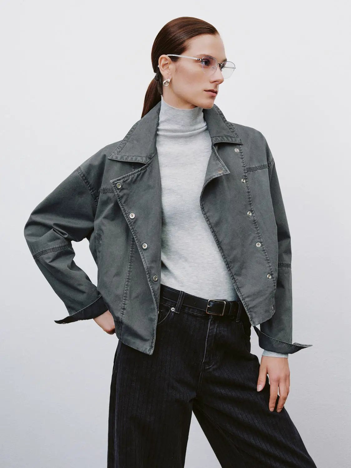 Asymmetric Elasticated Hem Long Sleeve Cotton Jacket