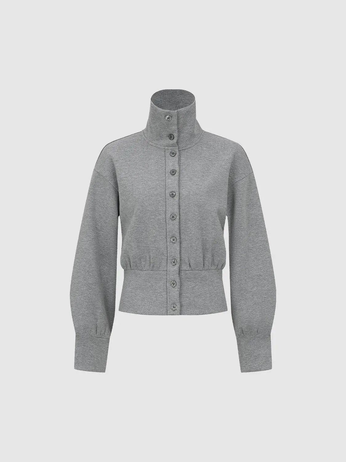 Button Front Ruched Mock Neck Long Sleeve Cardigan