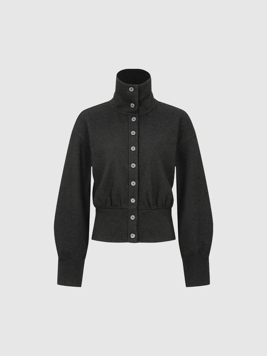 Button Front Ruched Mock Neck Long Sleeve Cardigan
