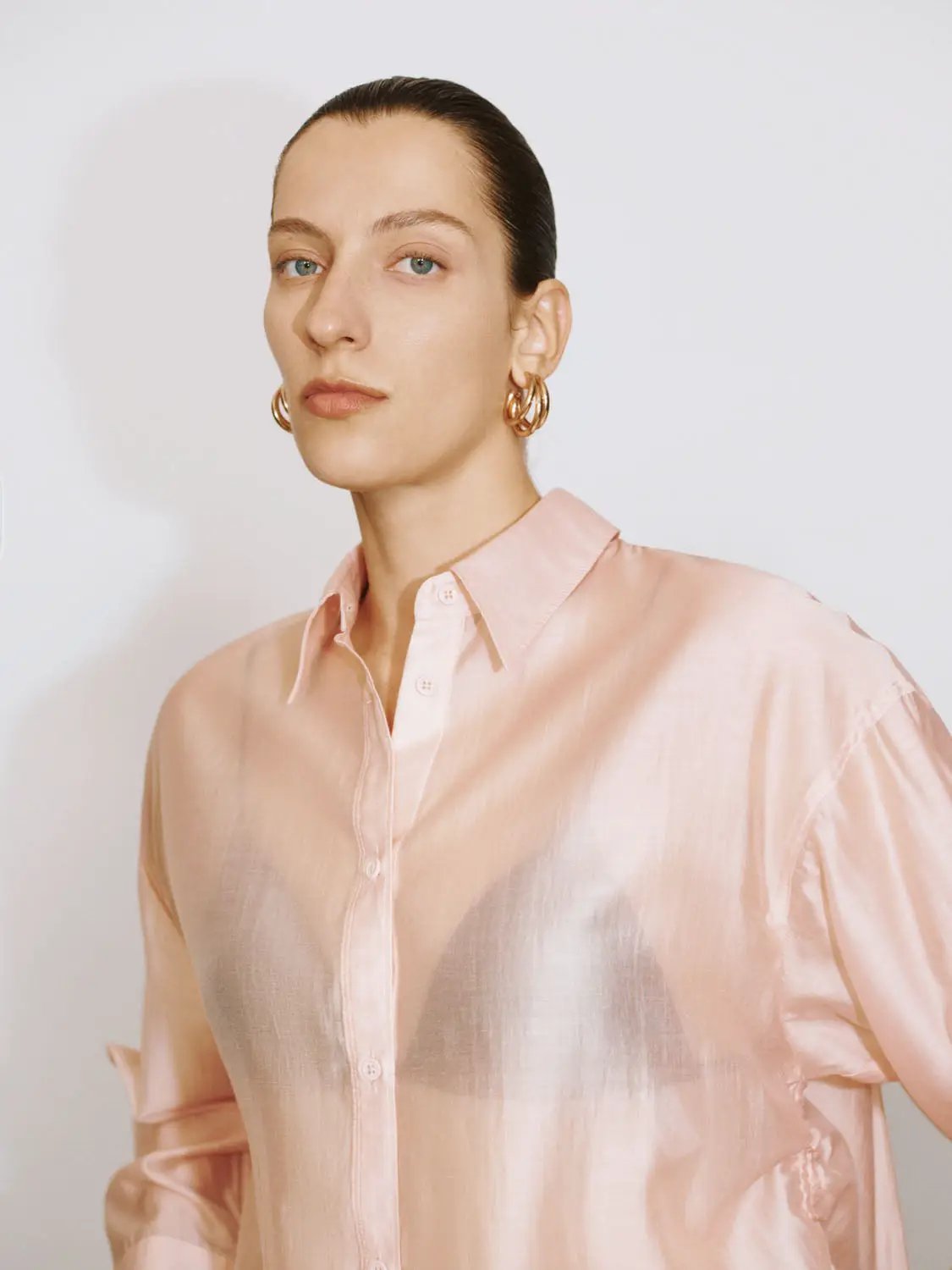 Point Collar Long Sleeve Button Front Sheer Loose Fit Shirt