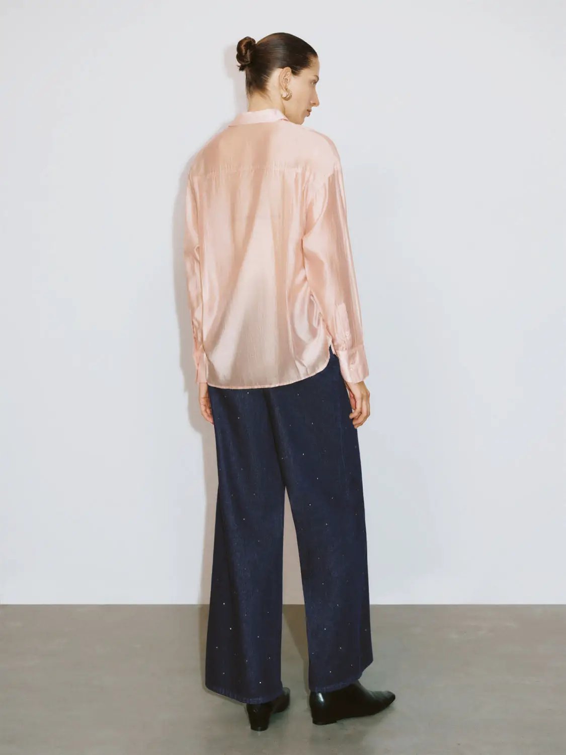 Point Collar Long Sleeve Button Front Sheer Loose Fit Shirt