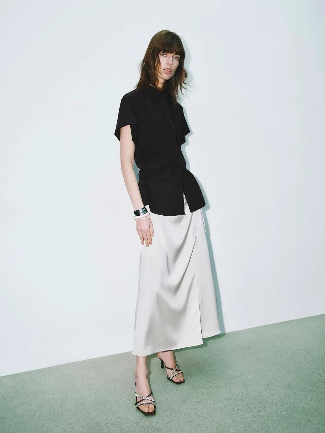 Point Collar Cap Sleeve Side Ruched Waist Cotton Shirt