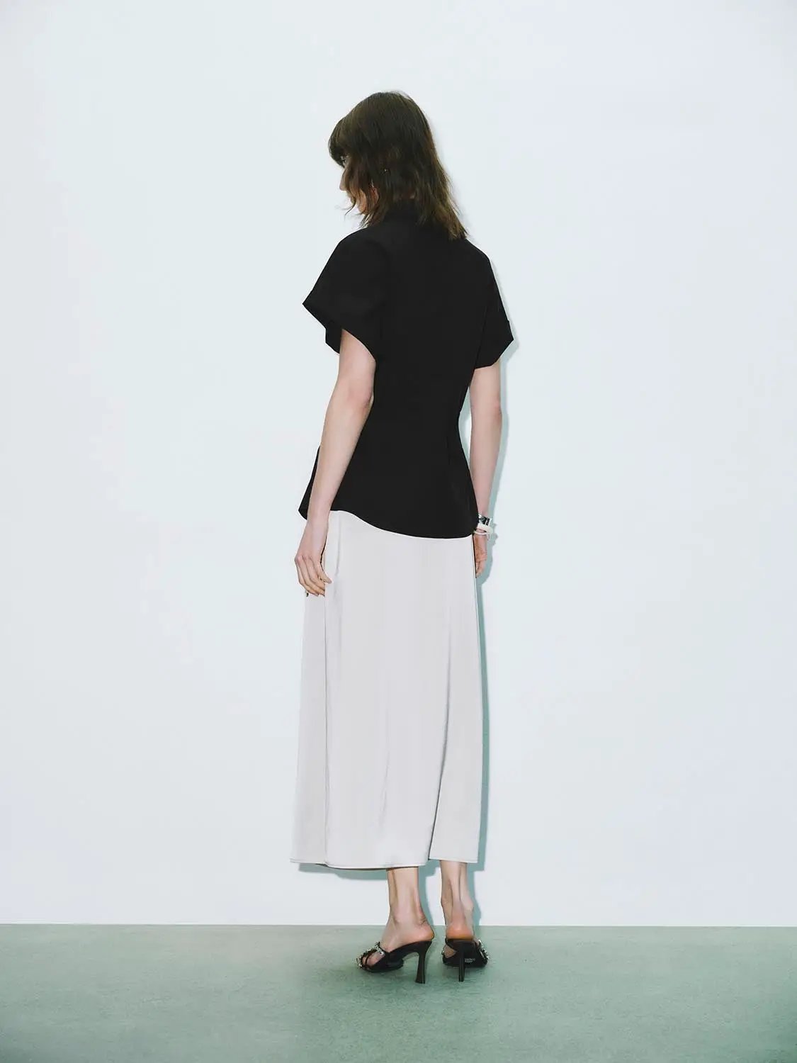 Point Collar Cap Sleeve Side Ruched Waist Cotton Shirt