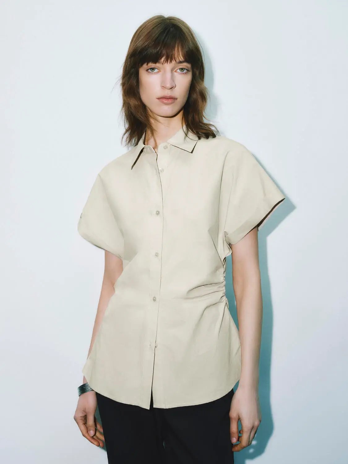 Point Collar Cap Sleeve Side Ruched Waist Cotton Shirt