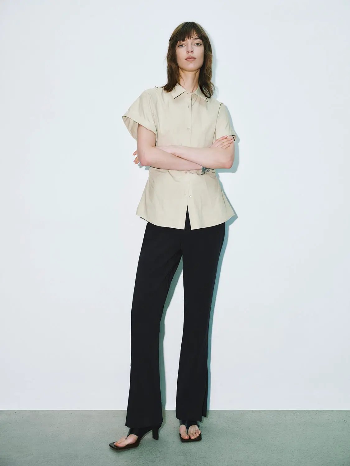 Point Collar Cap Sleeve Side Ruched Waist Cotton Shirt