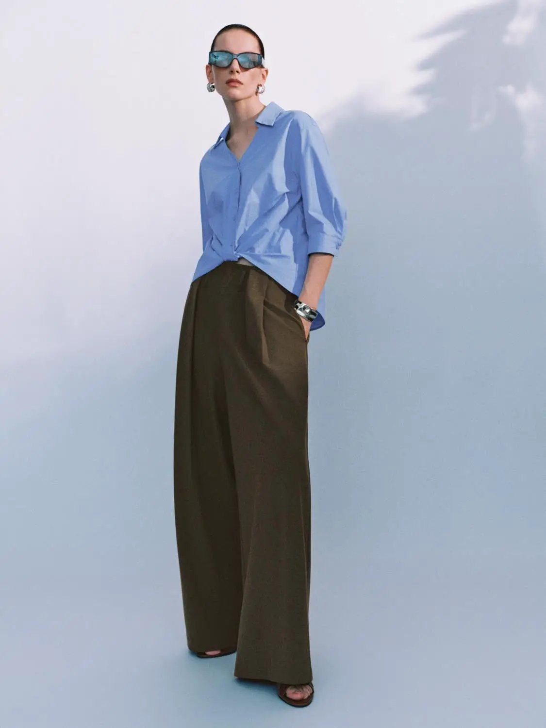 Turn Down Collar Front Knot Relaxed Cotton Button-Down Shirt