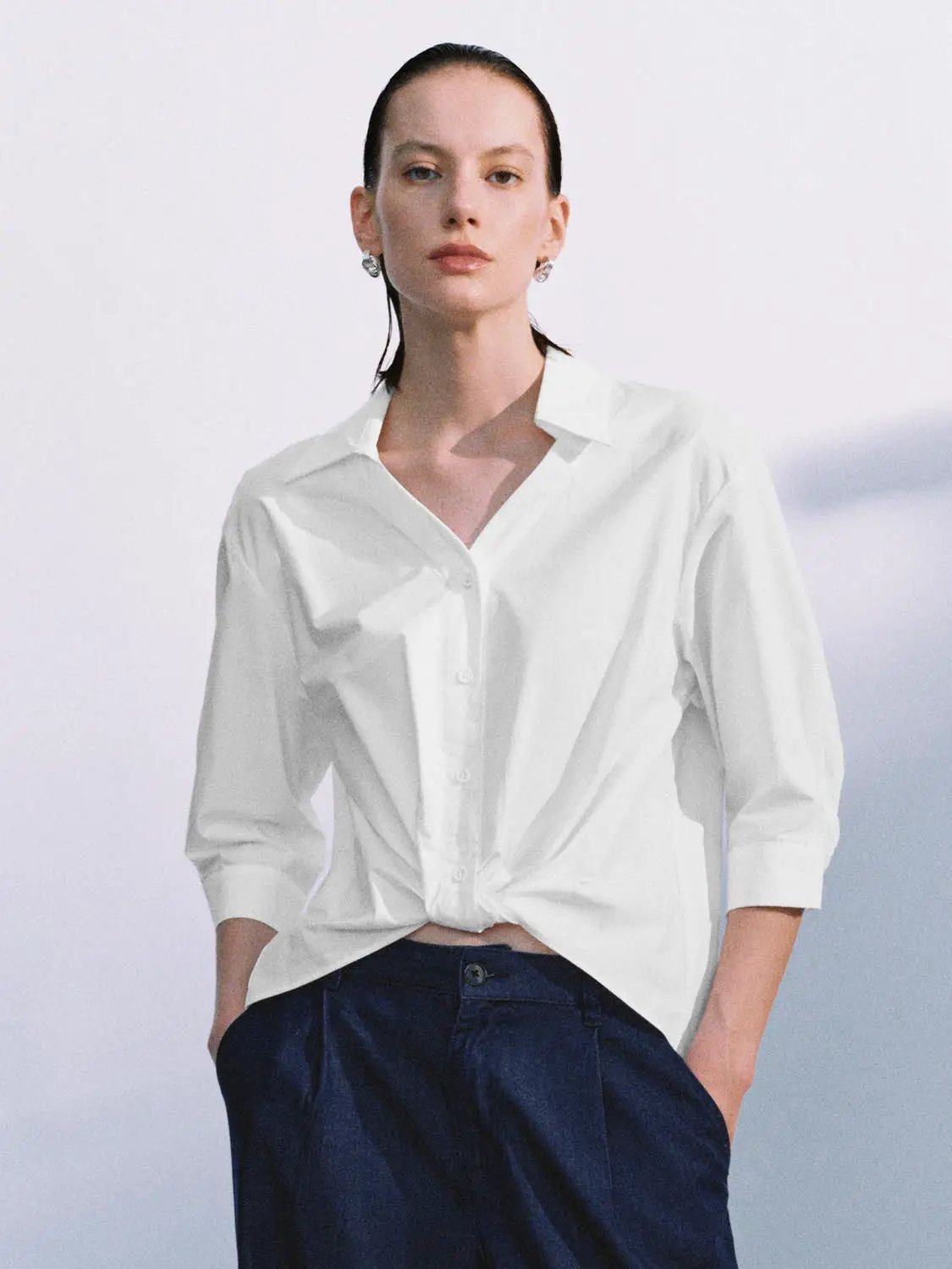 Turn Down Collar Front Knot Relaxed Cotton Button-Down Shirt