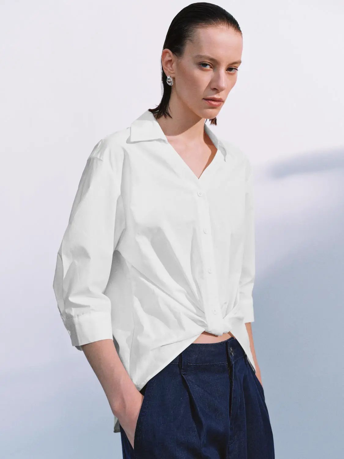 Turn Down Collar Front Knot Relaxed Cotton Button-Down Shirt