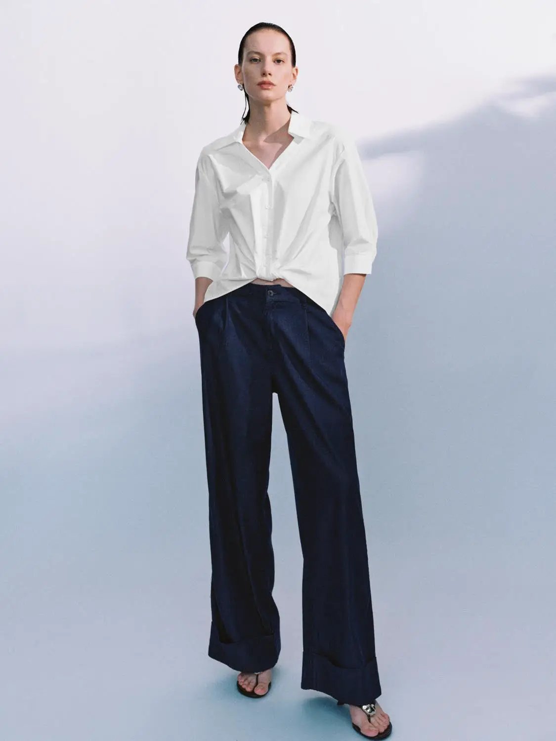 Turn Down Collar Front Knot Relaxed Cotton Button-Down Shirt