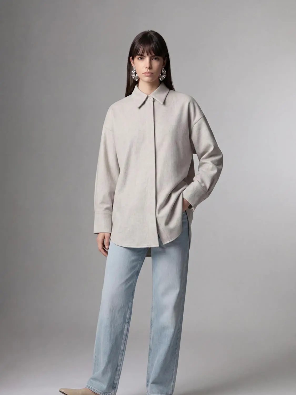 Point Collar Drop Shoulder Wool Blend Shirt