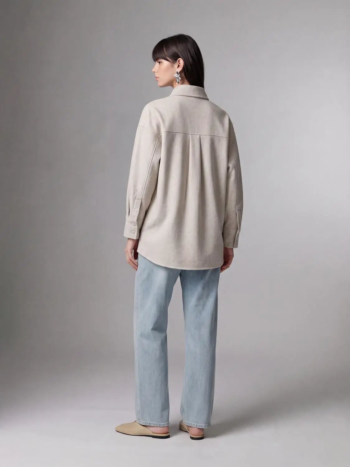 Point Collar Drop Shoulder Wool Blend Shirt