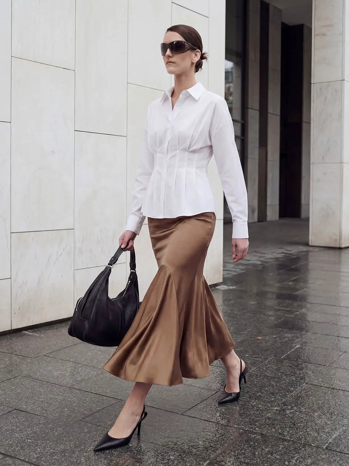 Pleated Nipped Waist Long Sleeve Cotton Shirt