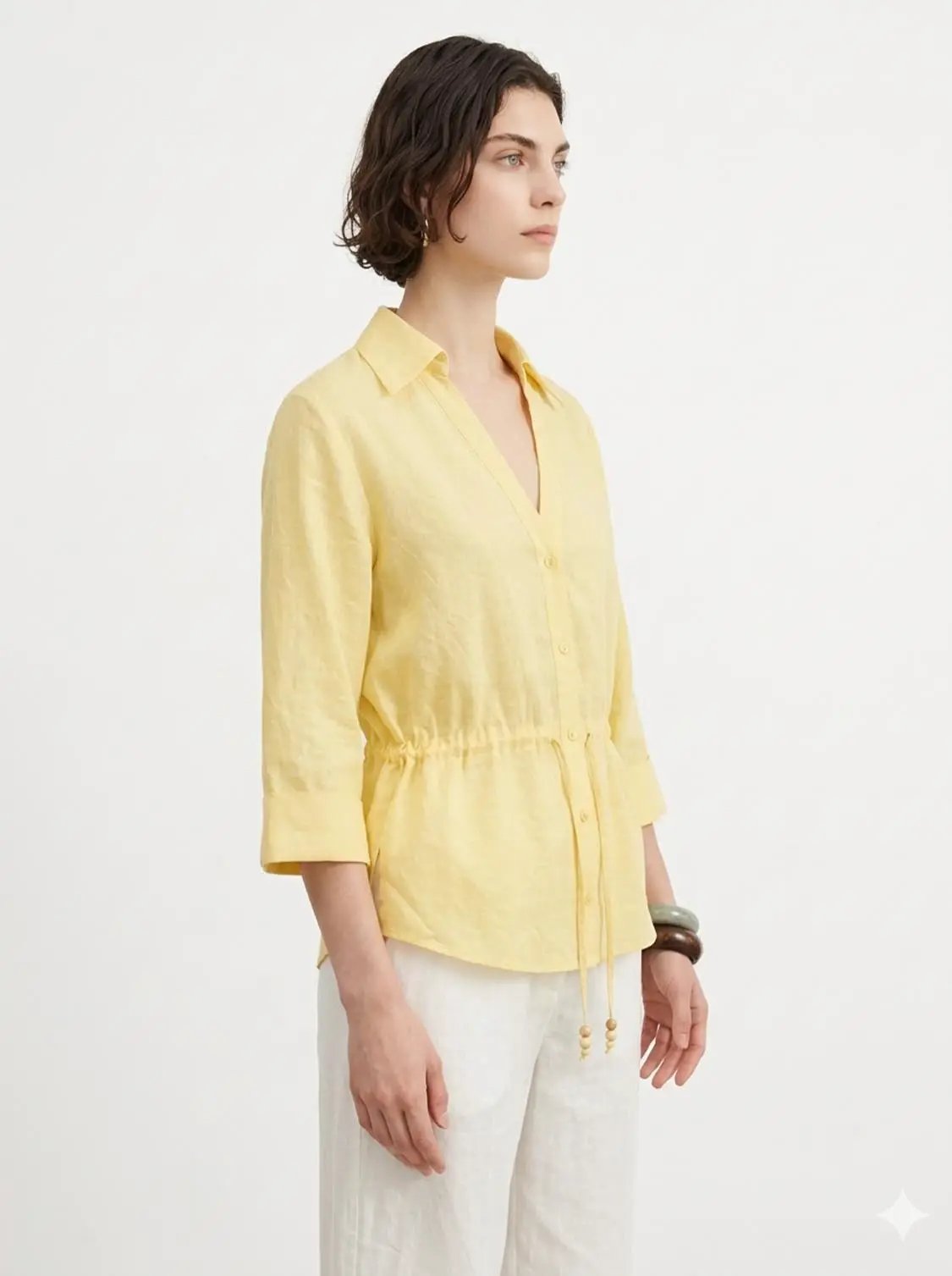 Collared V Neck Drawstring Waist Linen Loose Shirt