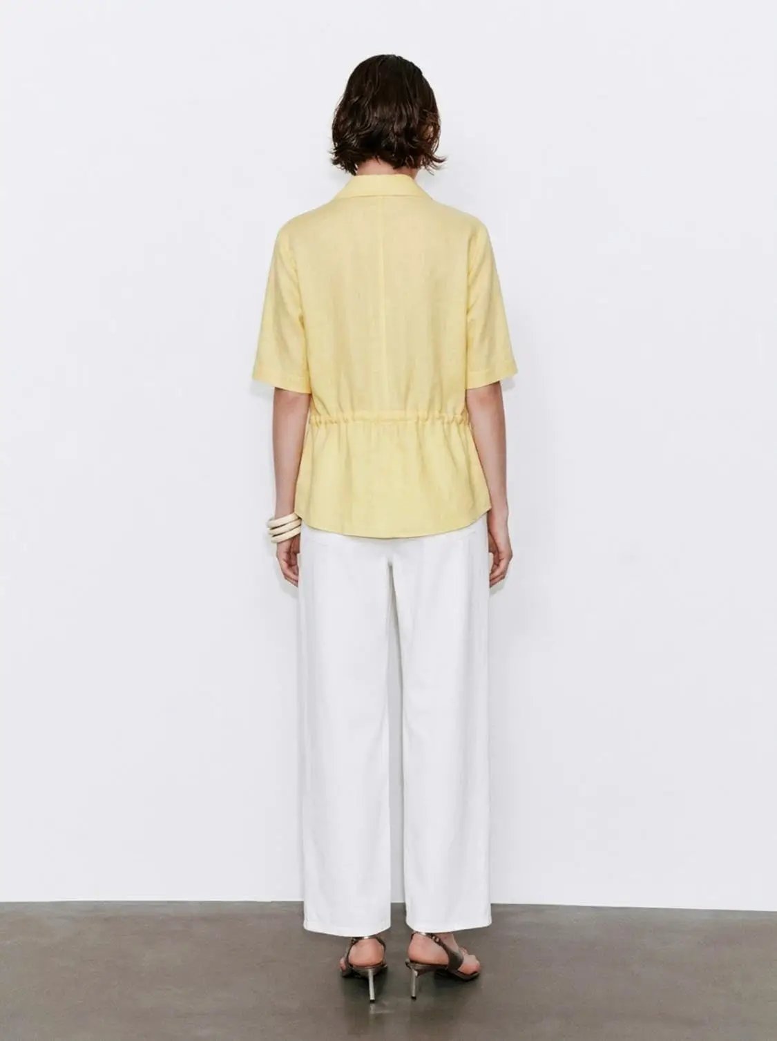 Collared V Neck Drawstring Waist Linen Loose Shirt