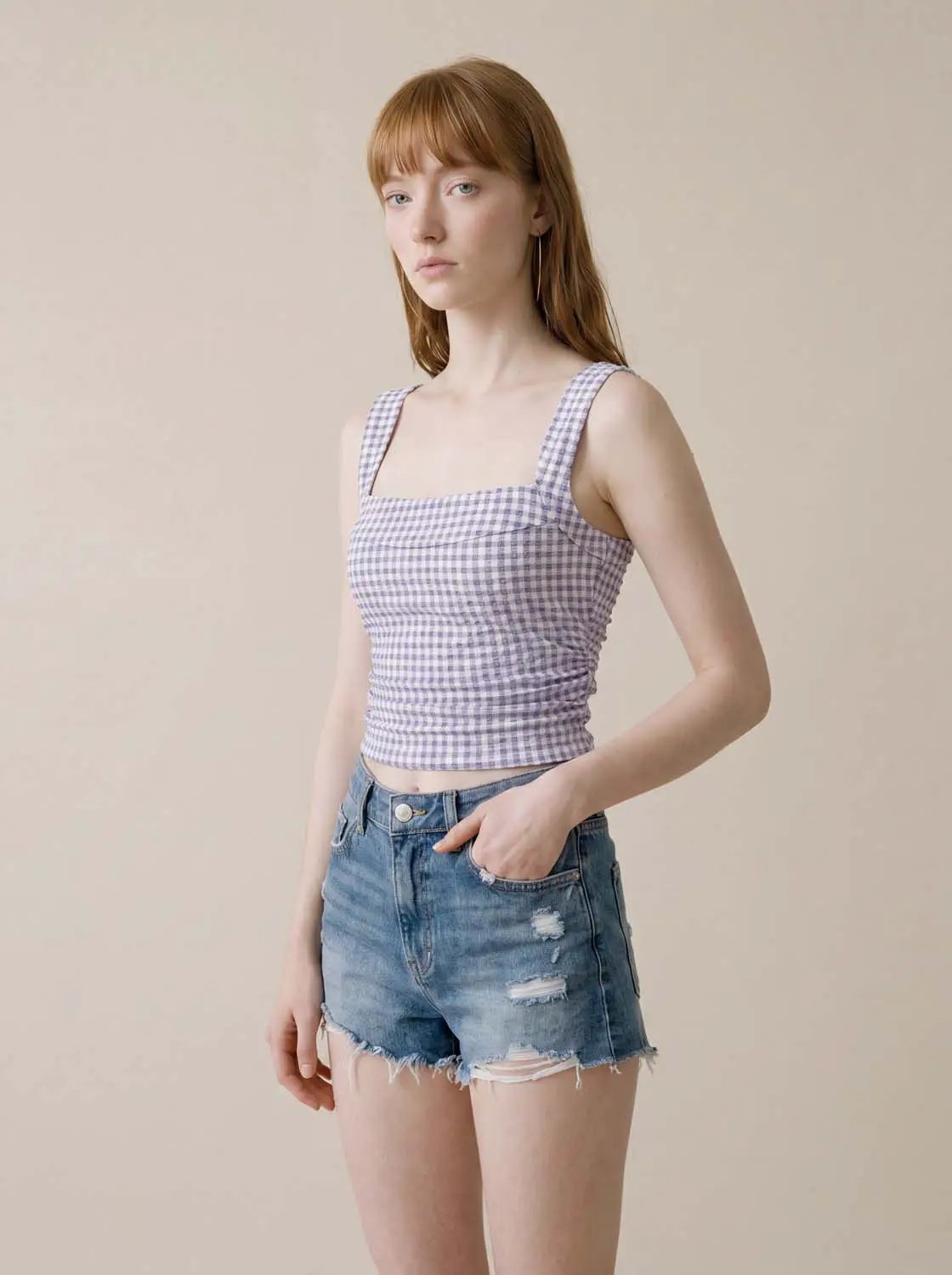 Gingham Square Neck Cropped Wide Strap Tank Top