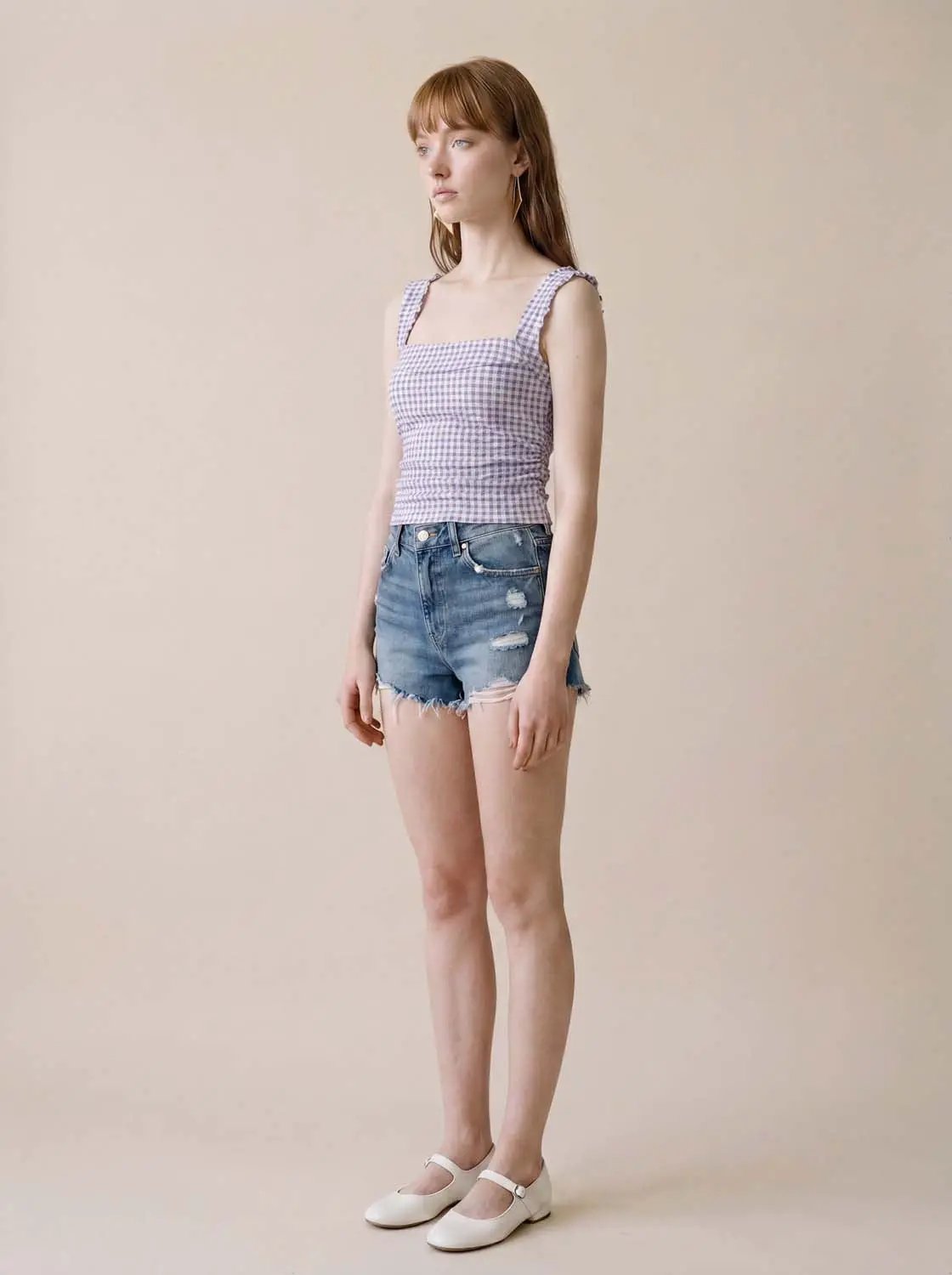 Gingham Square Neck Cropped Wide Strap Tank Top