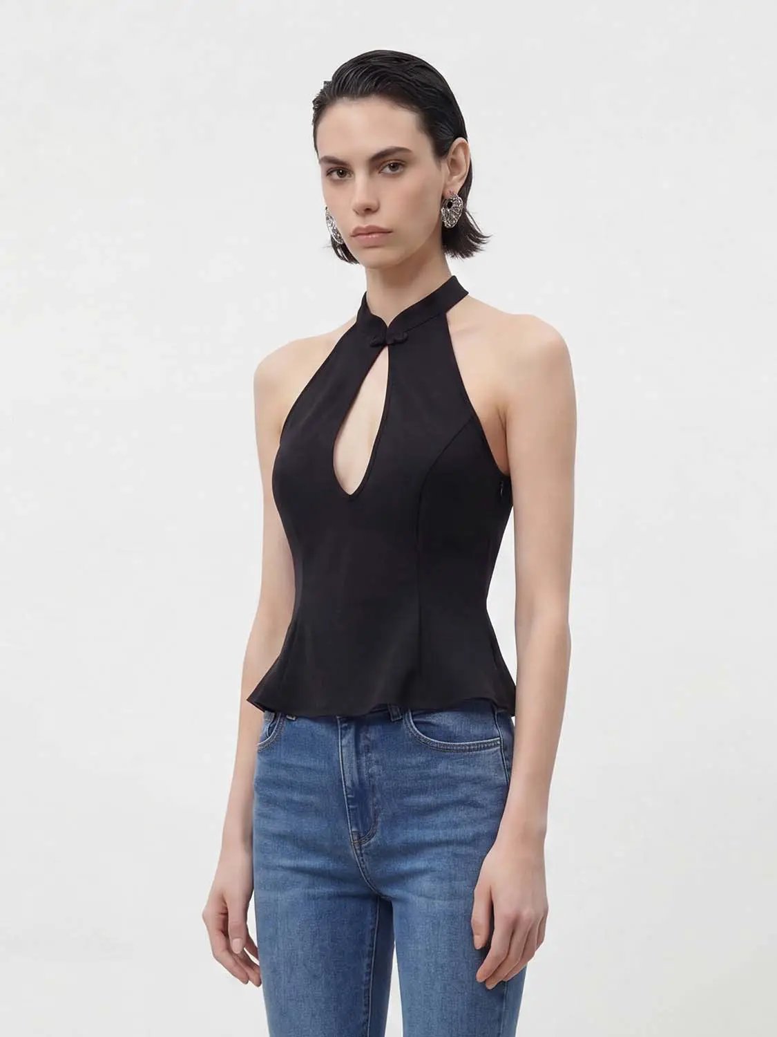 Cheongsam Collar Keyhole Sleeveless Peplum Top
