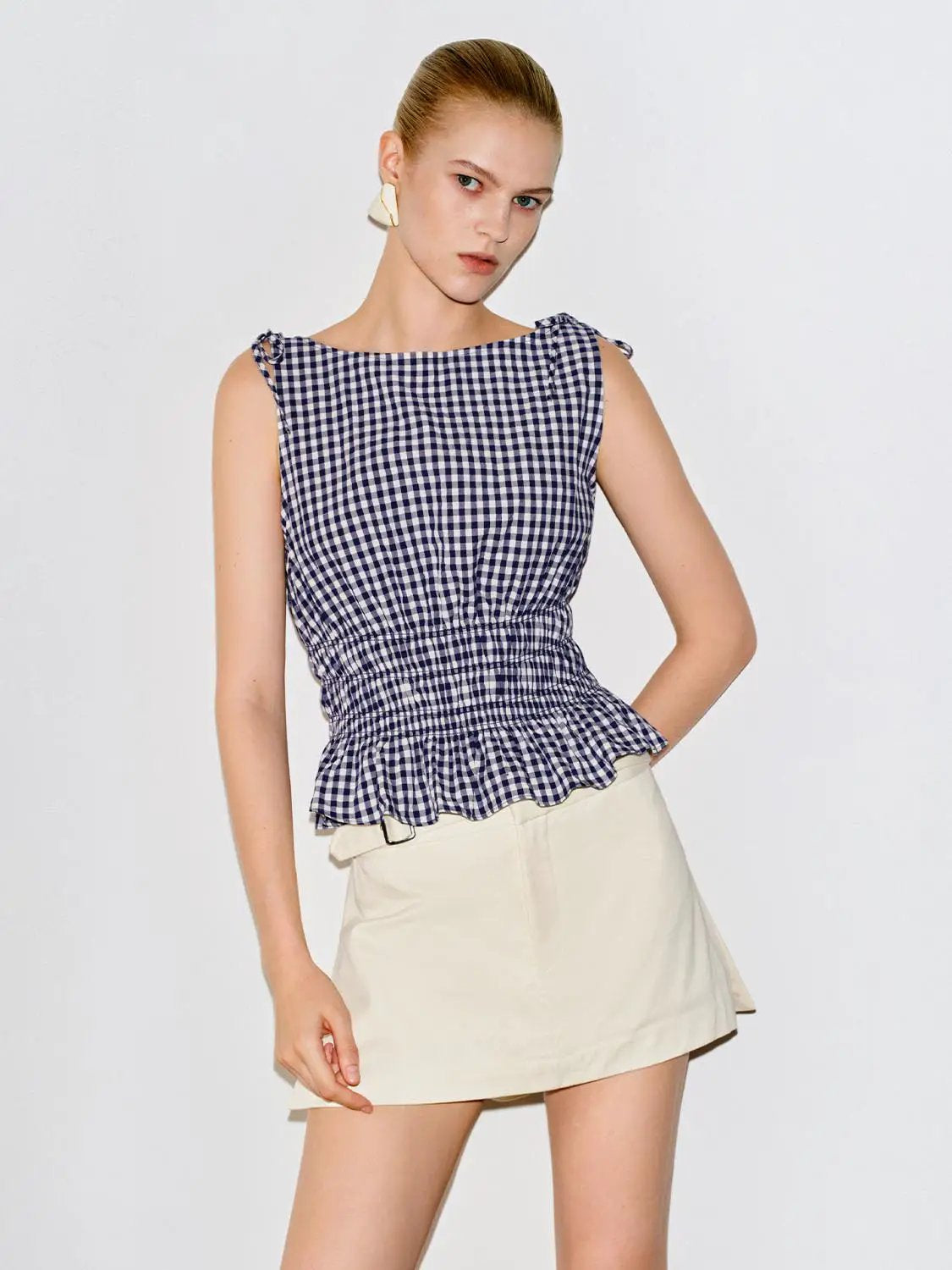 Gingham Smocked Waist Peplum Cotton Shirt