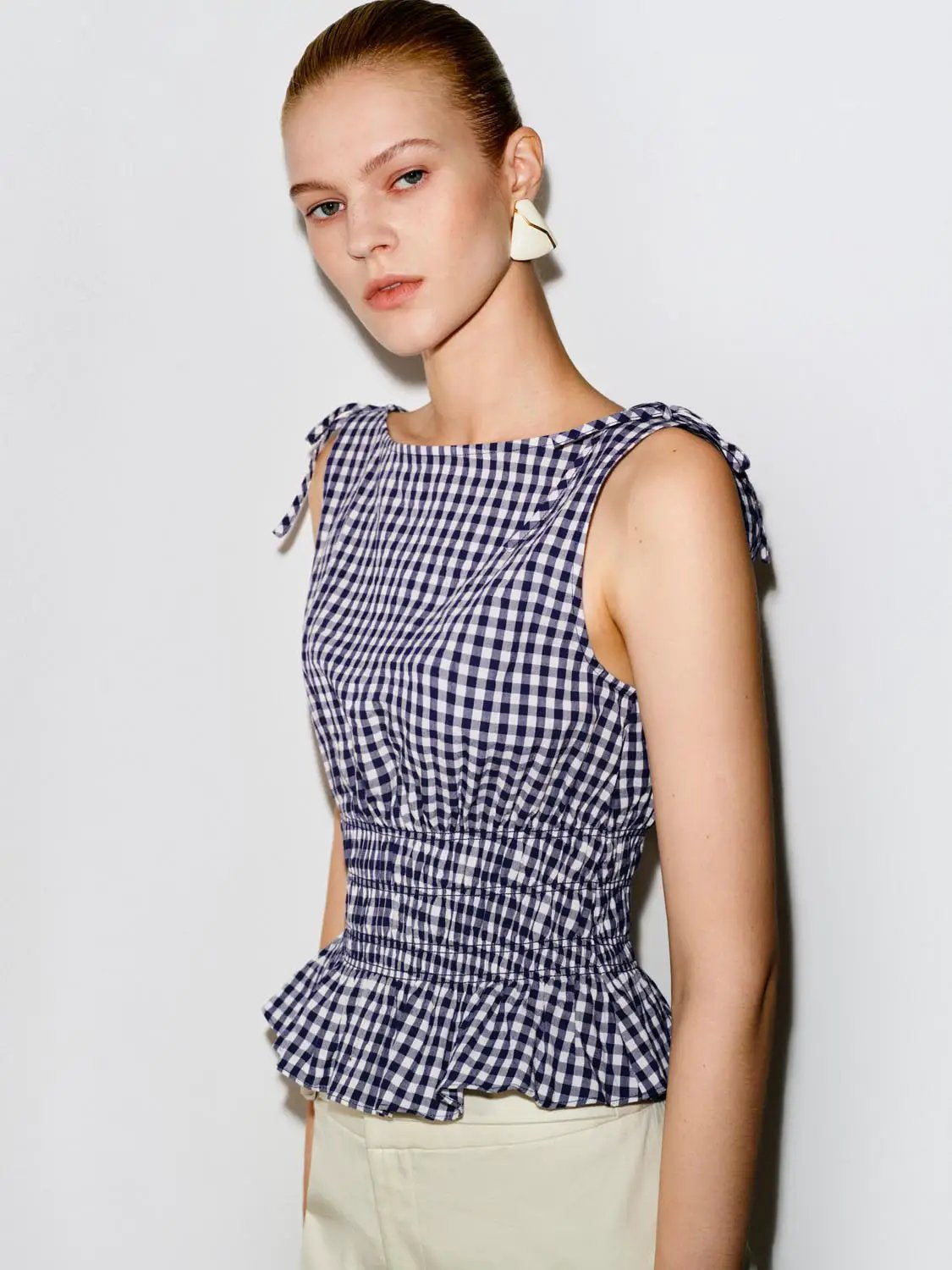 Gingham Smocked Waist Peplum Cotton Shirt