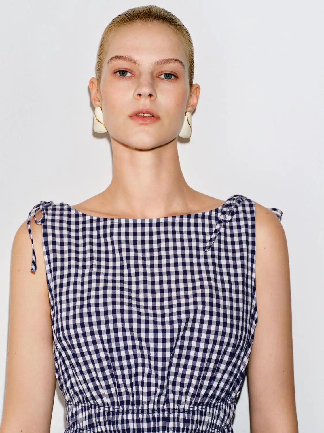Gingham Smocked Waist Peplum Cotton Shirt