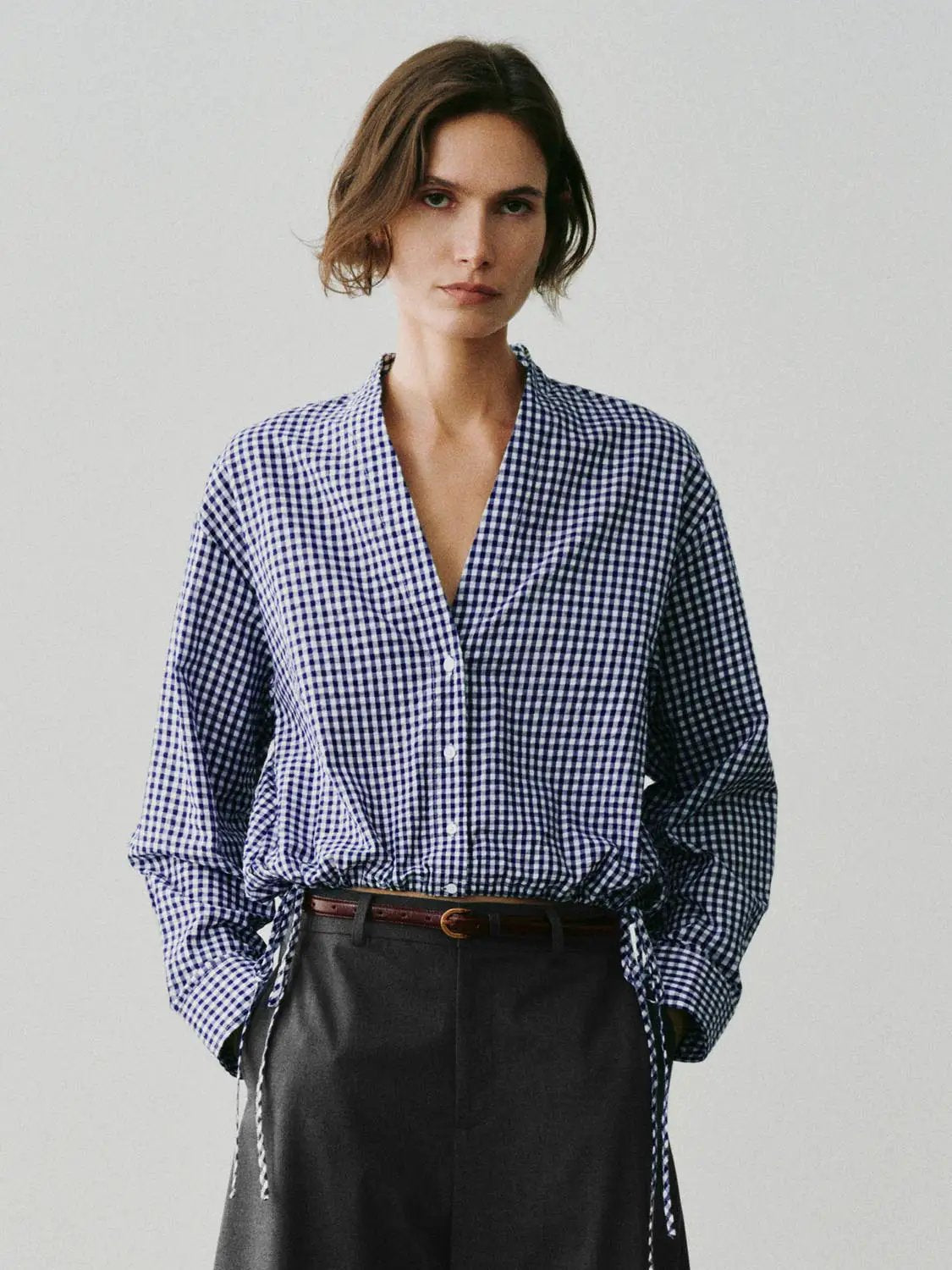 Checked Long Sleeve Tie Waist Cotton Shirt