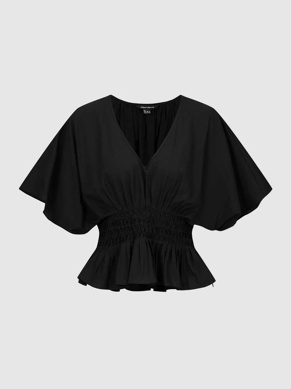 V-neck Puff Sleeve Smocked Waist Cotton Linen Blend Blouse