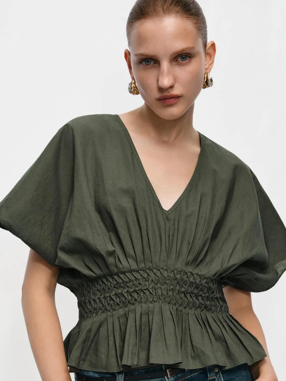 V-neck Puff Sleeve Smocked Waist Cotton Linen Blend Blouse