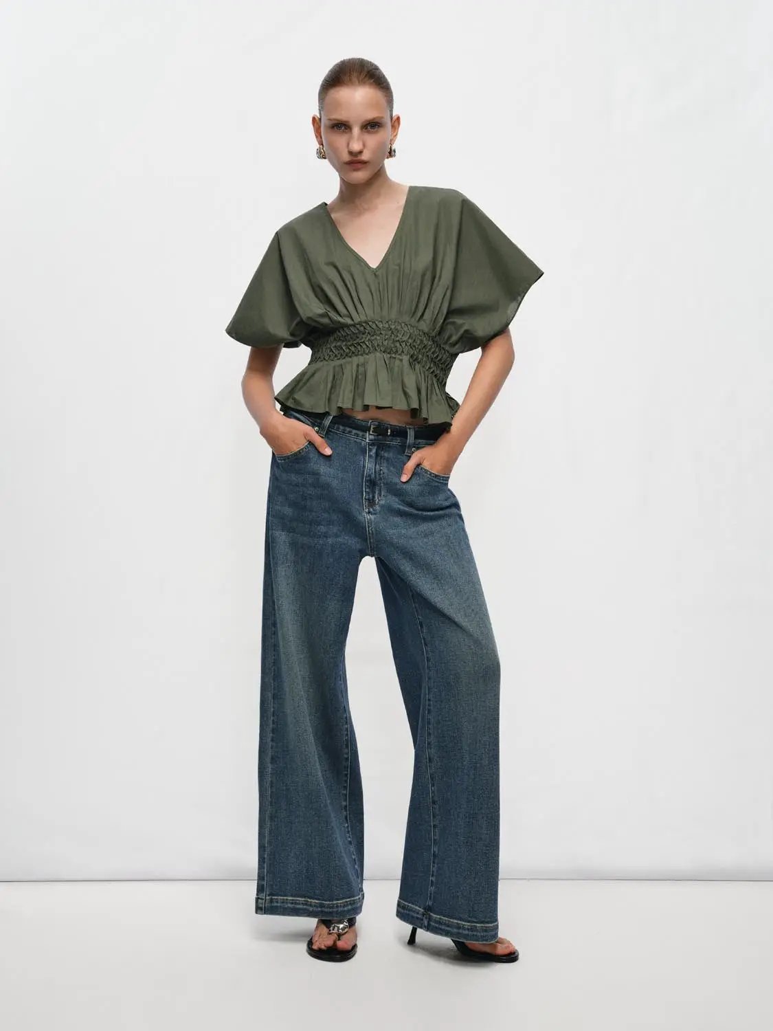 V-neck Puff Sleeve Smocked Waist Cotton Linen Blend Blouse