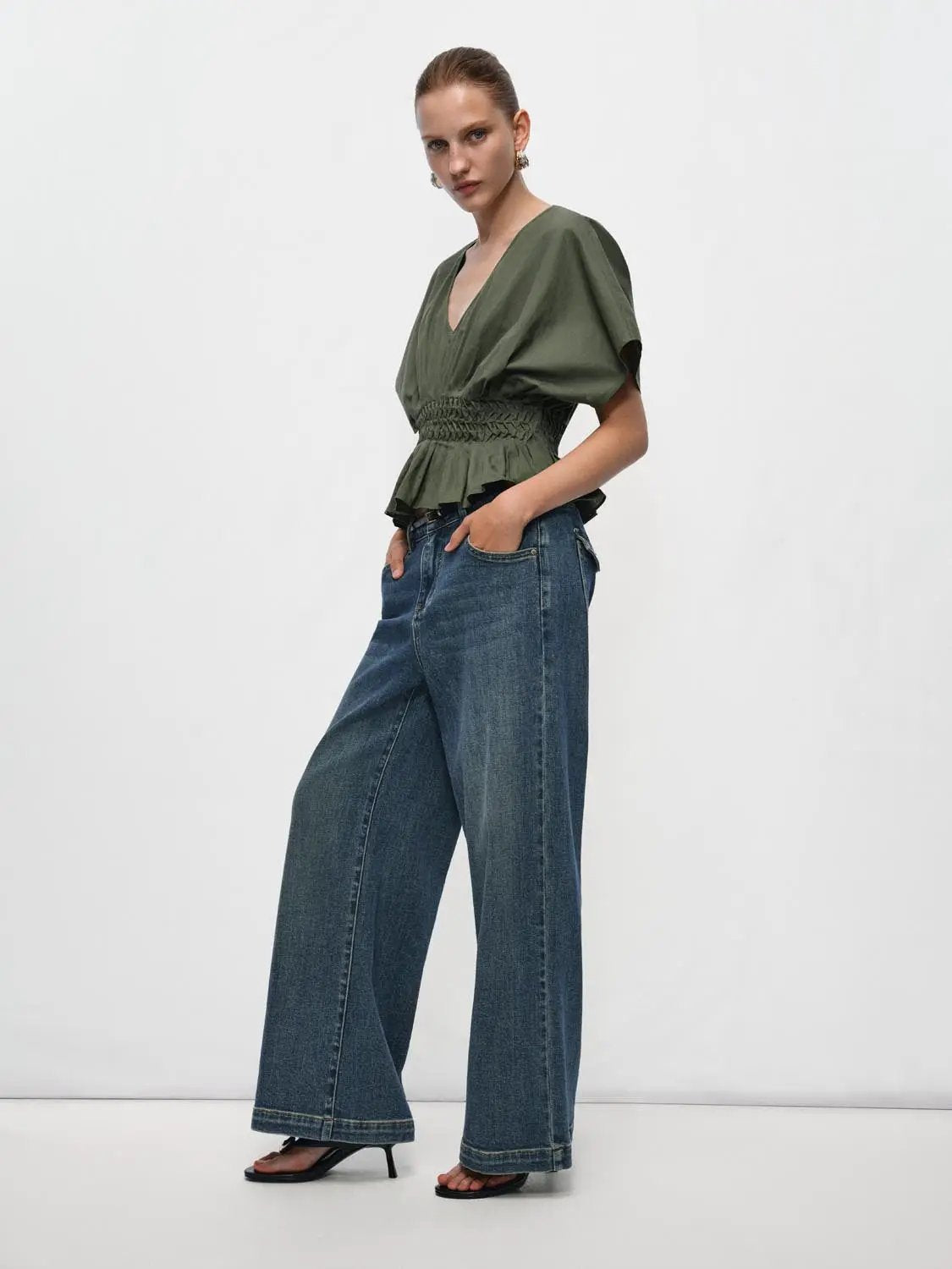 V-neck Puff Sleeve Smocked Waist Cotton Linen Blend Blouse