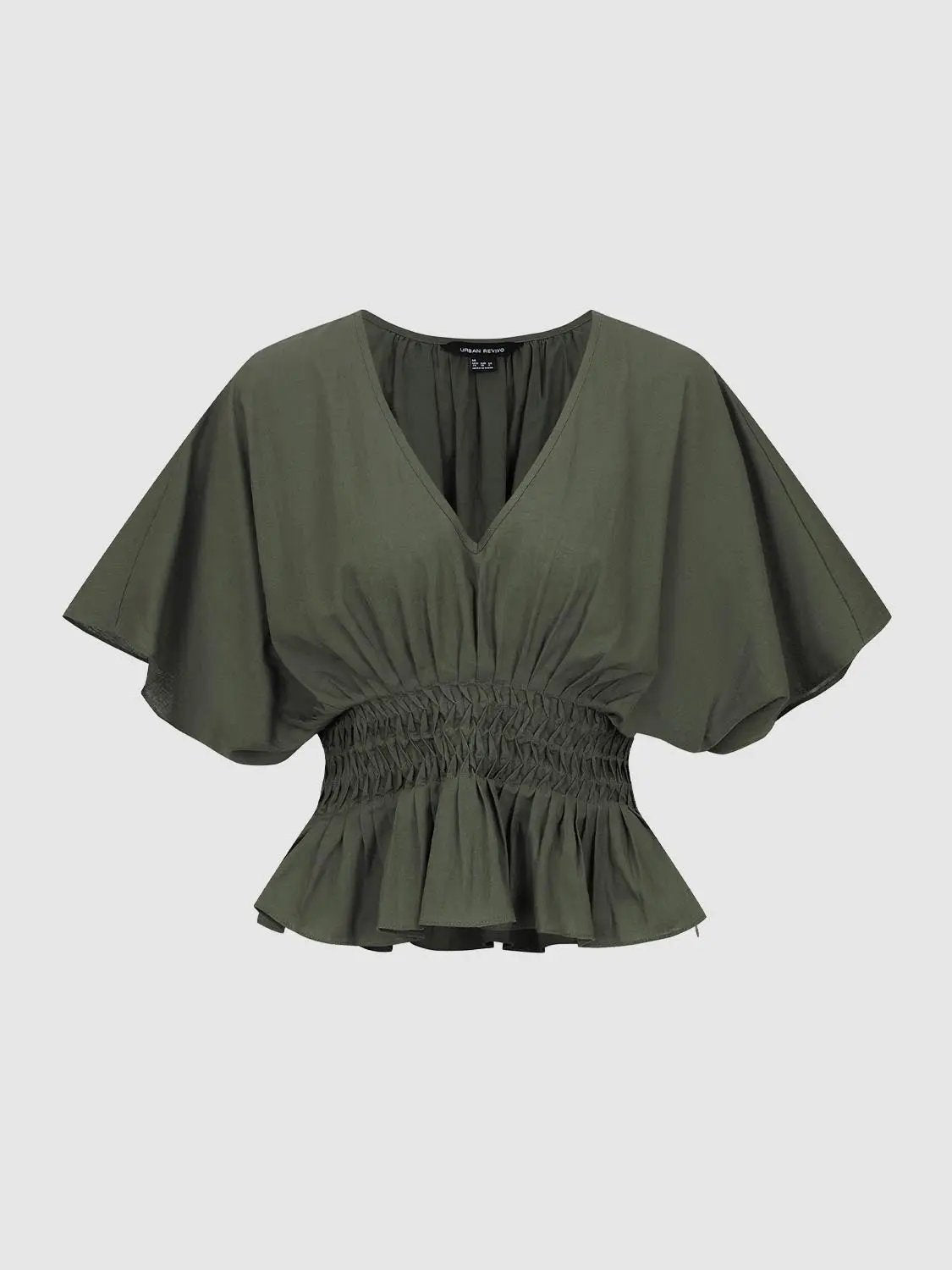V-neck Puff Sleeve Smocked Waist Cotton Linen Blend Blouse