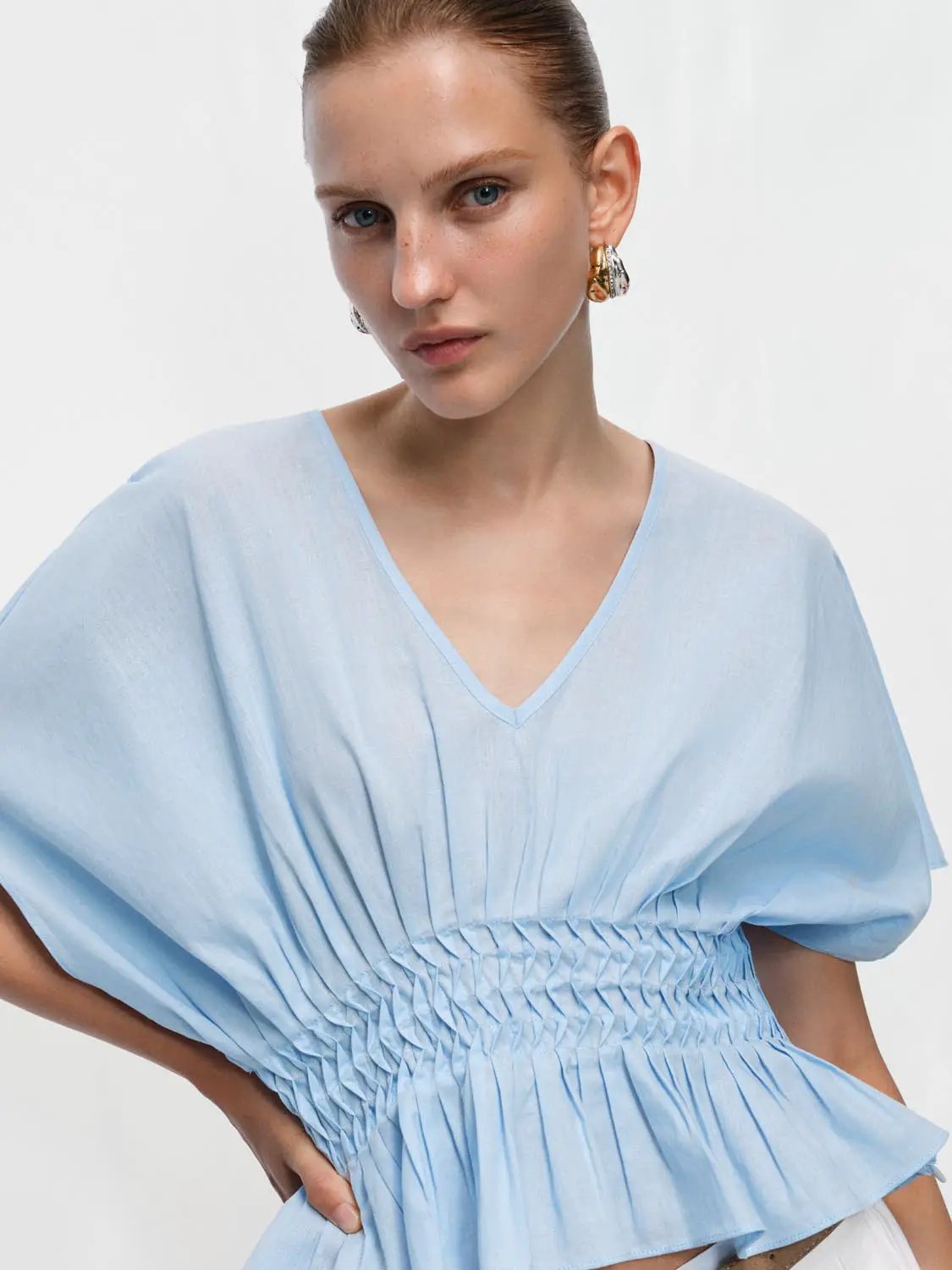 V-neck Puff Sleeve Smocked Waist Cotton Linen Blend Blouse