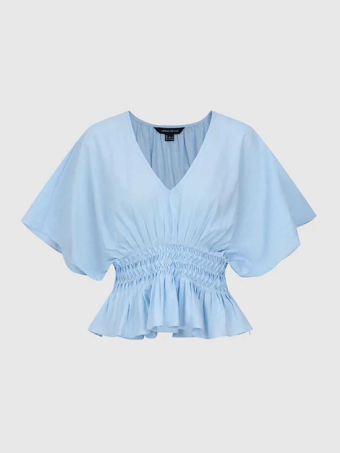 V-neck Puff Sleeve Smocked Waist Cotton Linen Blend Blouse