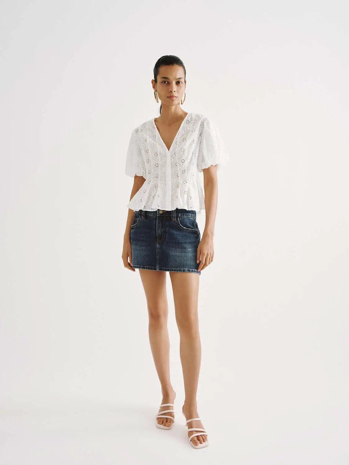 Eyelet Embroidered Puff Sleeve Cotton Shirt