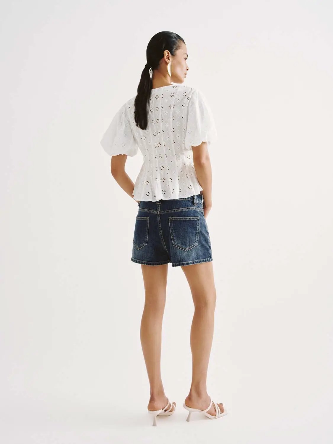 Eyelet Embroidered Puff Sleeve Cotton Shirt