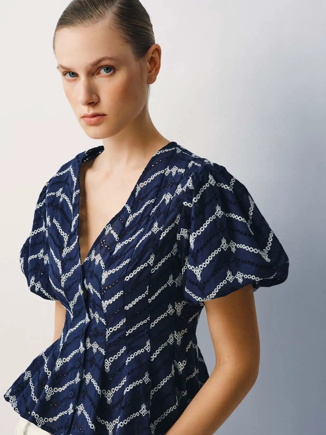 Puff Short Sleeve Geometric Print Cotton Shirt