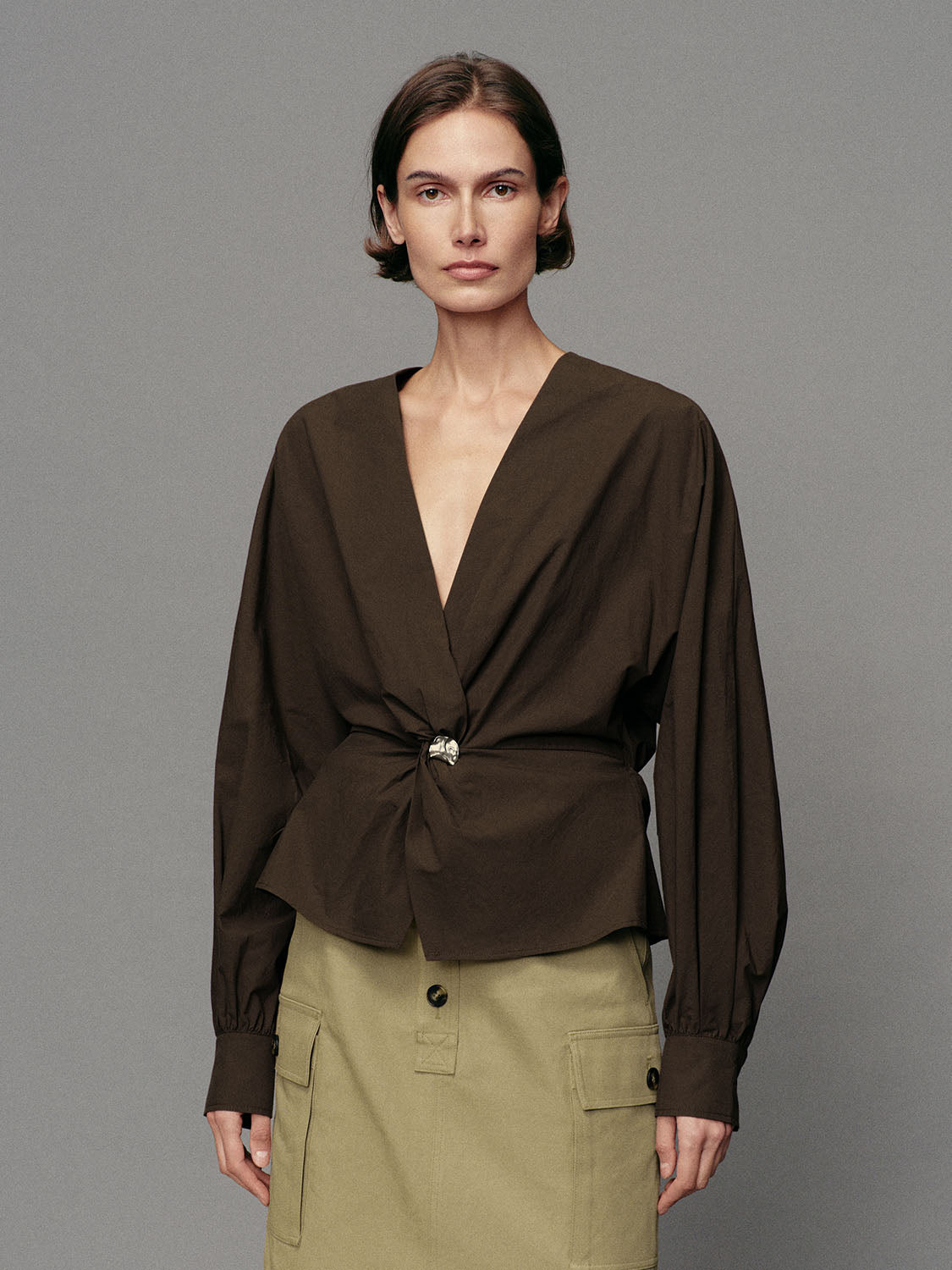Twisted Front V-neck Long Sleeve Cotton Blouse