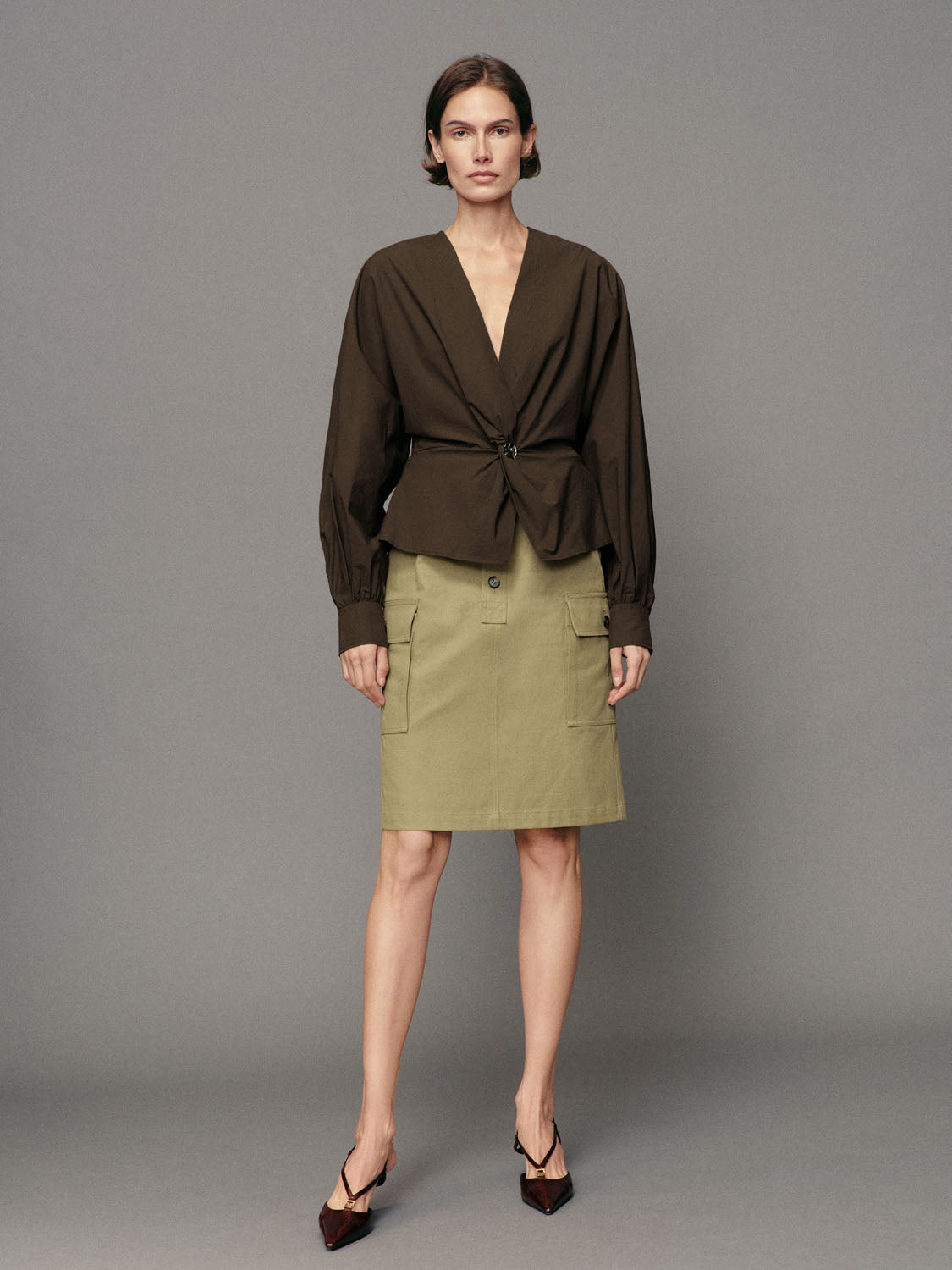 Twisted Front V-neck Long Sleeve Cotton Blouse
