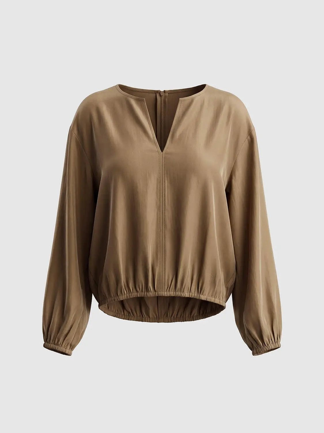 Boxy V-neck Long Sleeve Elastic Hem Blouse
