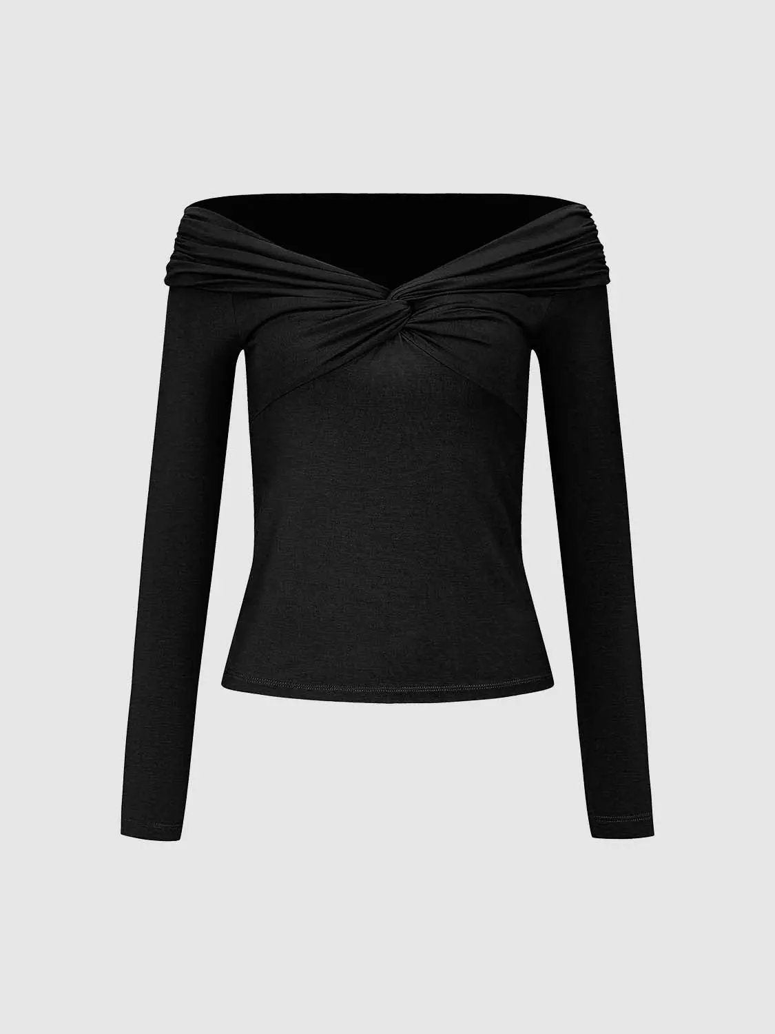 Off Shoulder Front Twist Knot Long Sleeve Slim Fit Top