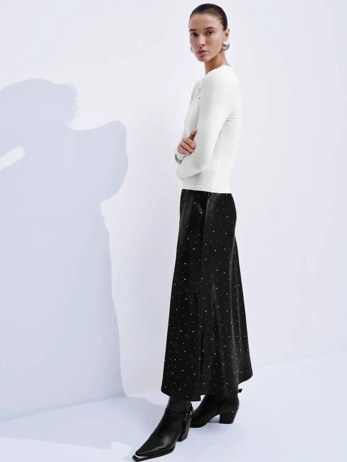 Twist Neck Cut Out Fitted Long Sleeve Basic T Shirt