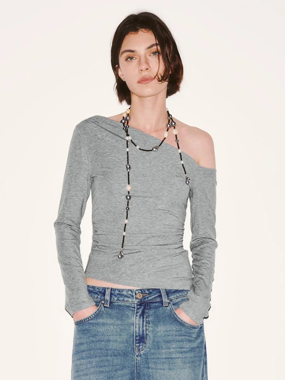 Asymmetric One Shoulder Ruched Waist Long Sleeve Top