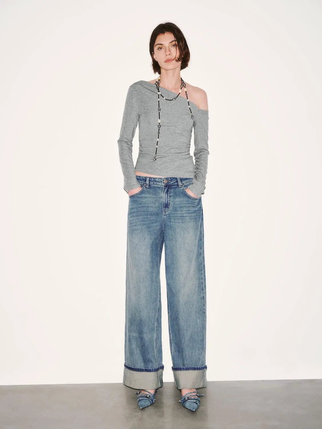 Asymmetric One Shoulder Ruched Waist Long Sleeve Top