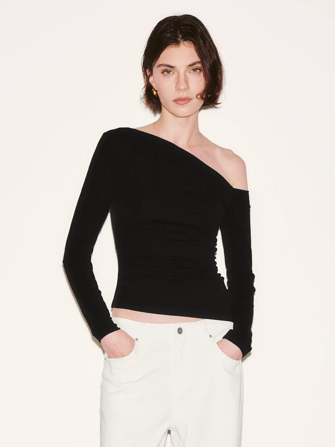 Asymmetric One Shoulder Ruched Waist Long Sleeve Top