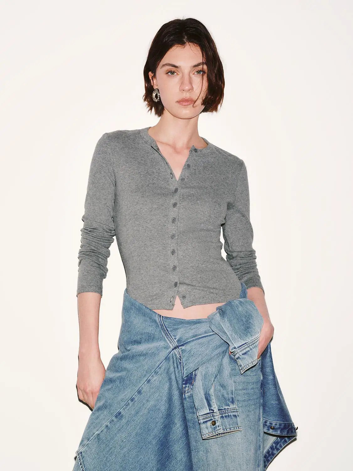 Crew Neck Button Detail Long Sleeve Cotton T-Shirt
