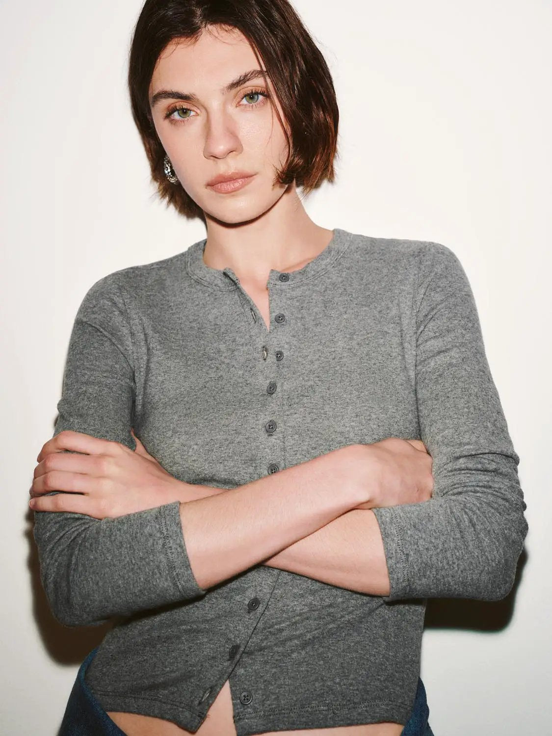 Crew Neck Button Detail Long Sleeve Cotton T-Shirt