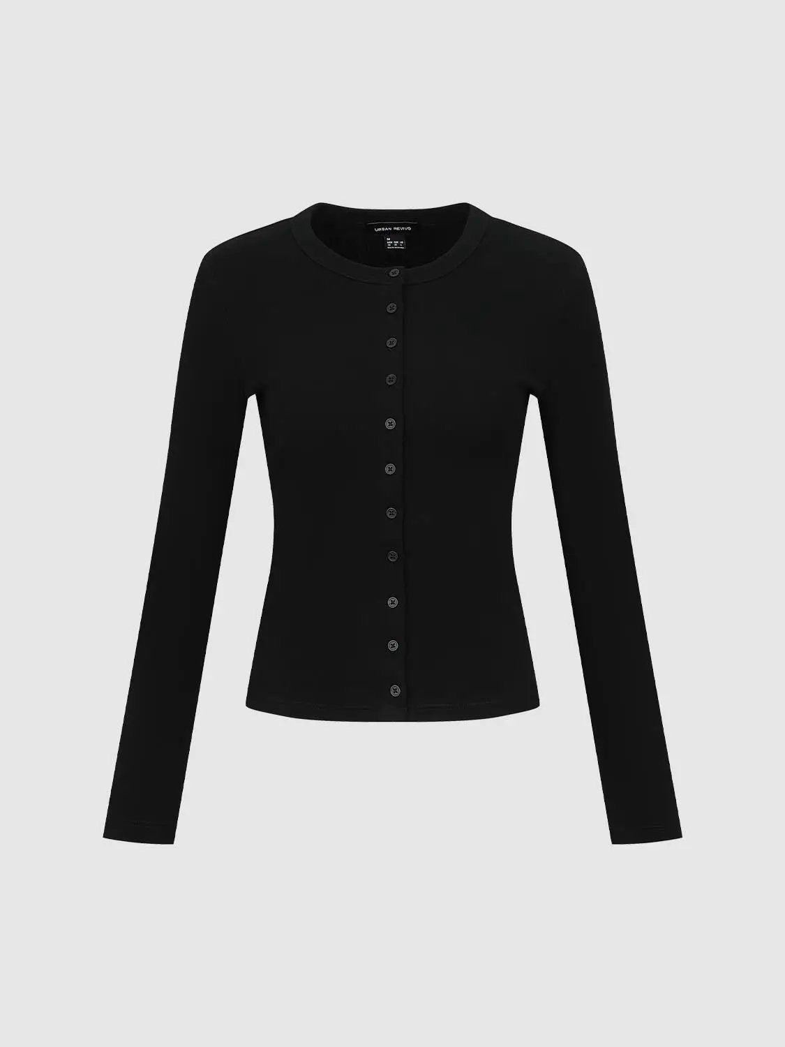 Crew Neck Button Detail Long Sleeve Cotton T-Shirt