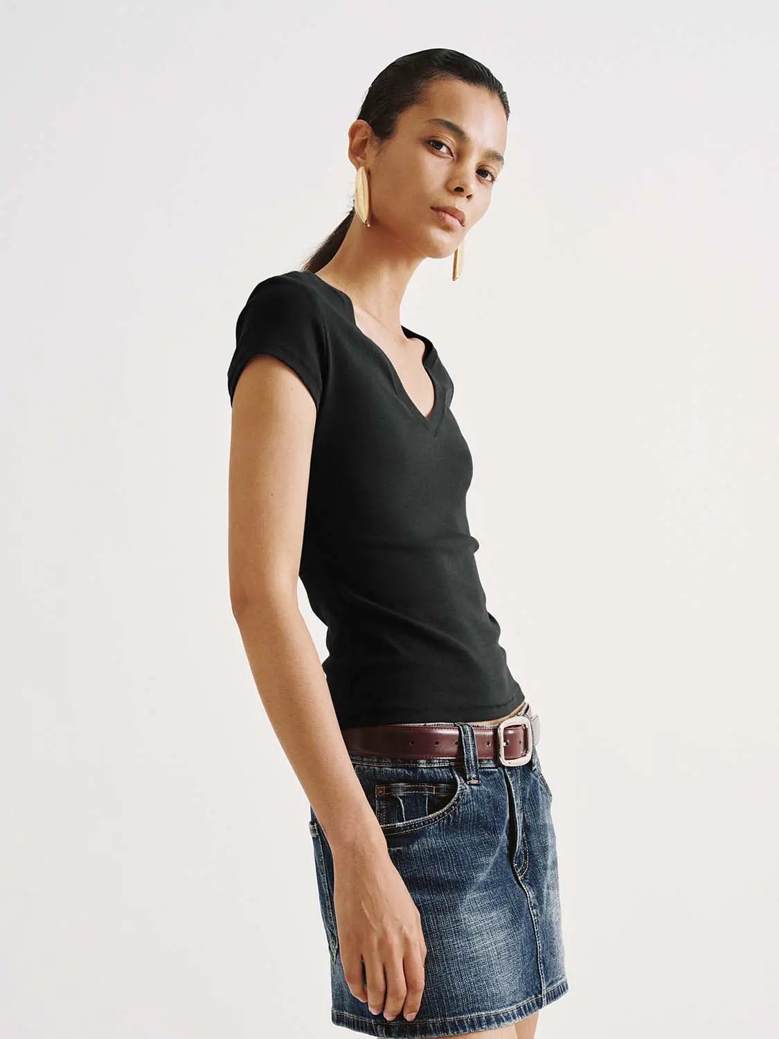 V-Neck Cap Sleeve Ruched Slim Fit Stretch Knit T-Shirt