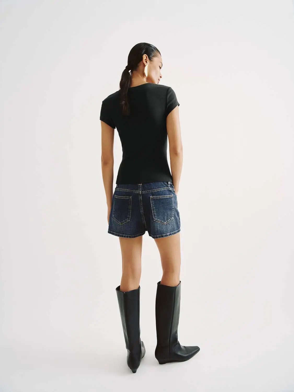 V-Neck Cap Sleeve Ruched Slim Fit Stretch Knit T-Shirt