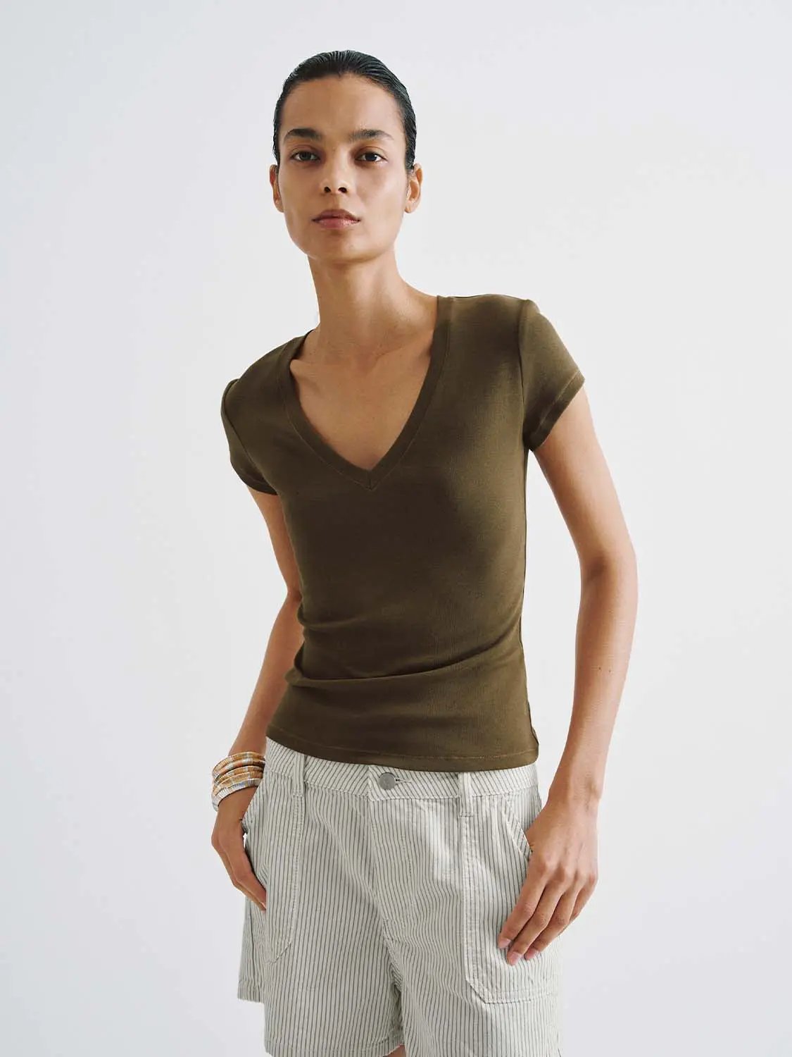 V-Neck Cap Sleeve Ruched Slim Fit Stretch Knit T-Shirt